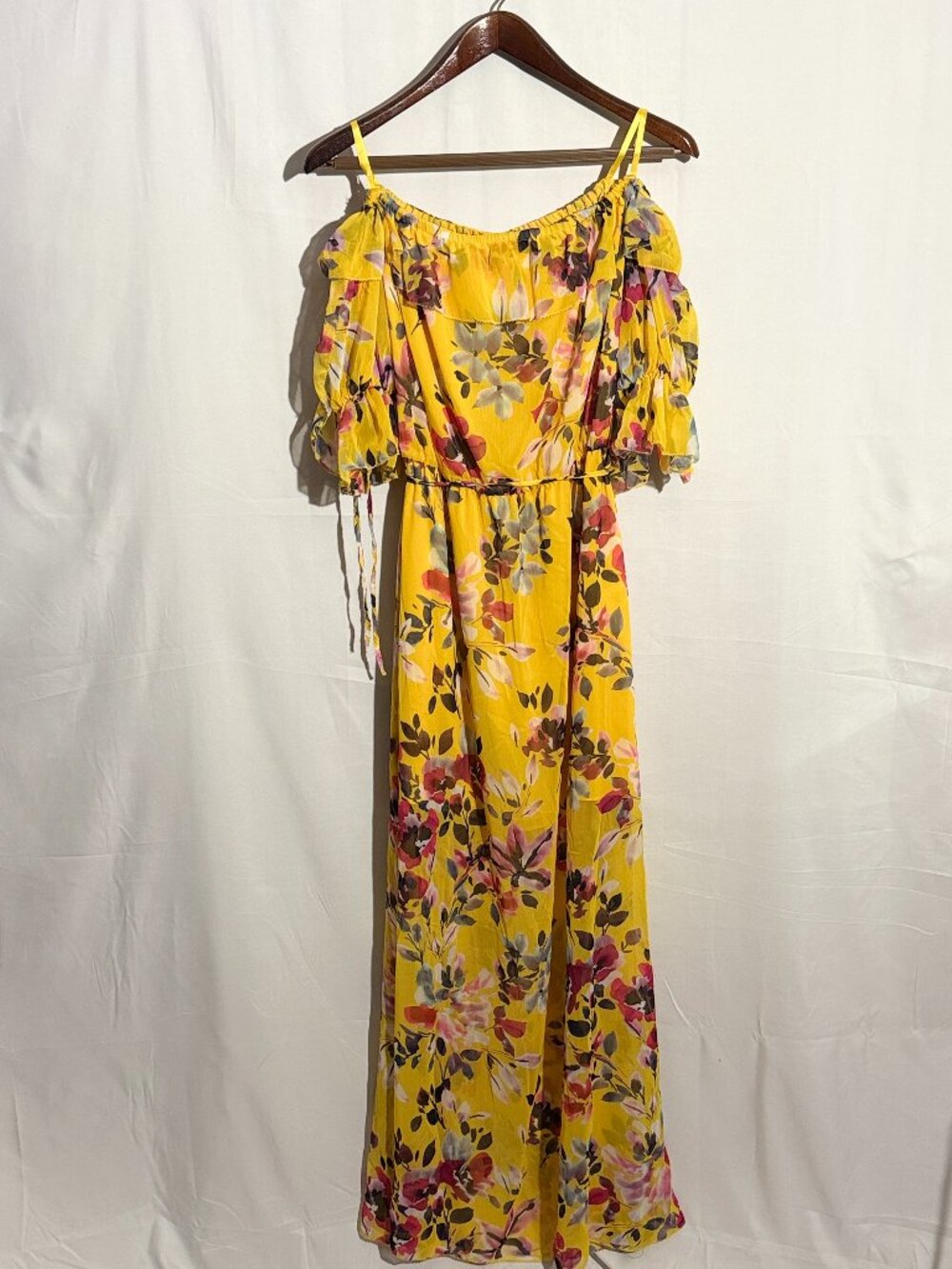 French Connection Linosa Yellow Floral Off Shoulder Maxi Dress US 6